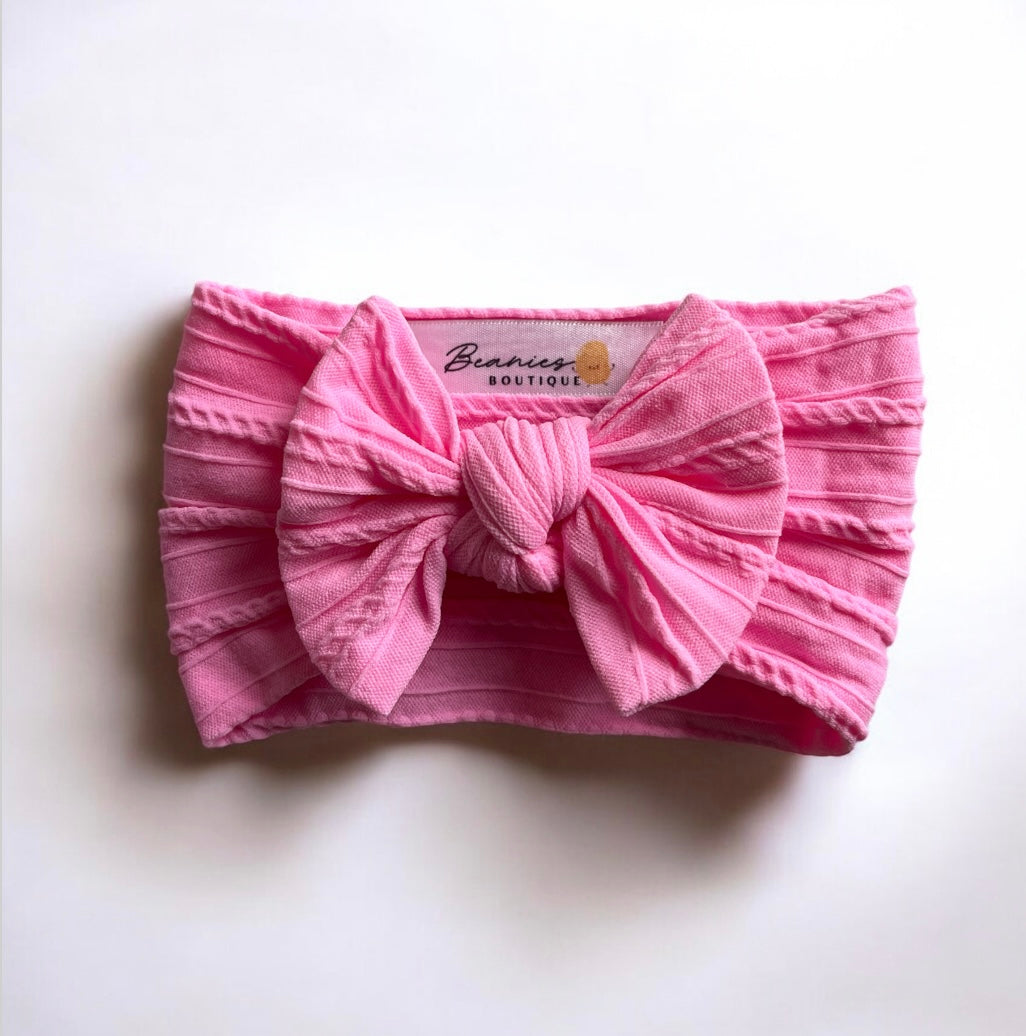 Cable Knit Bow Headband - Candy Pink