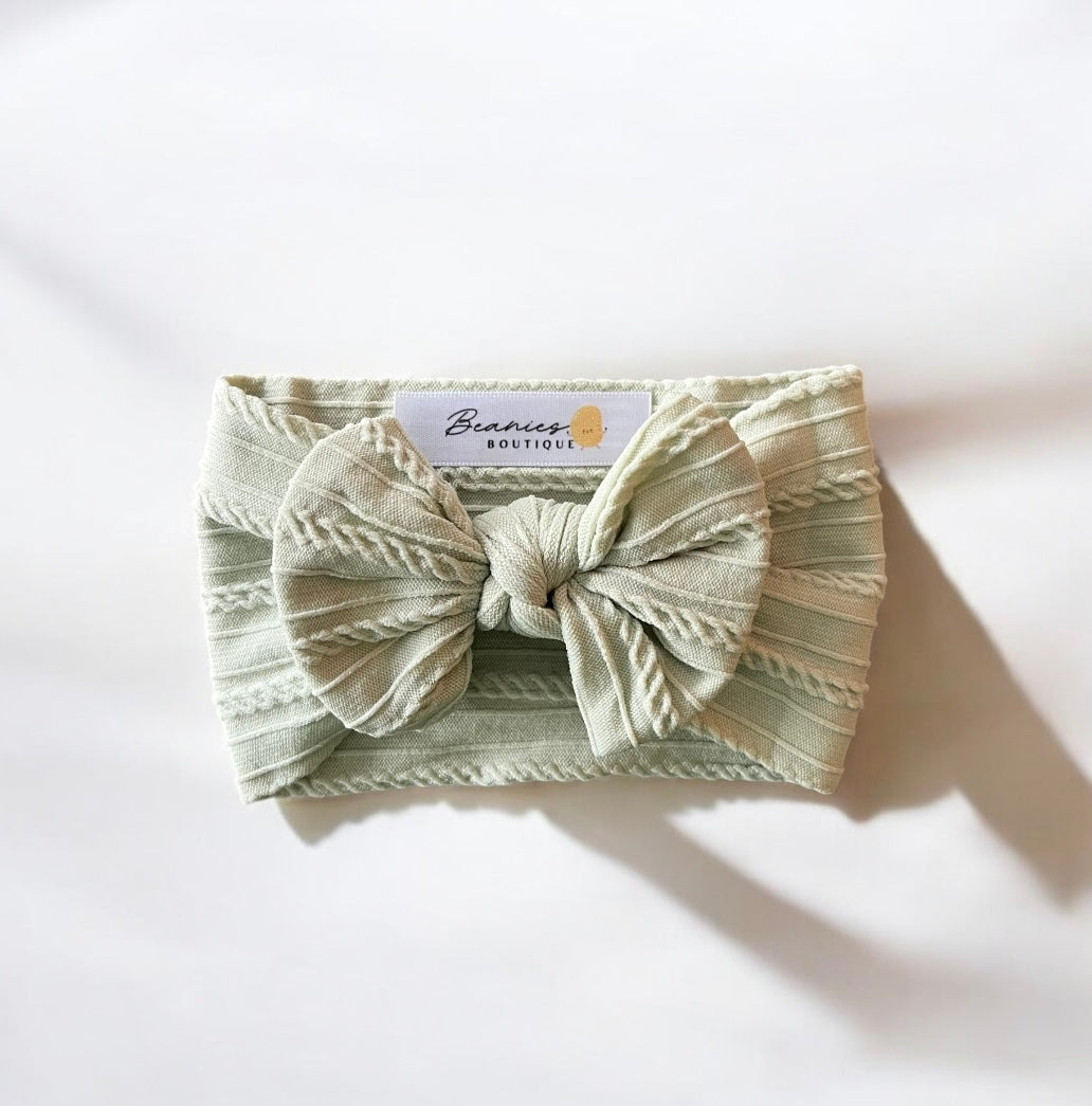 Cable Knit Bow Headband - Sage Green