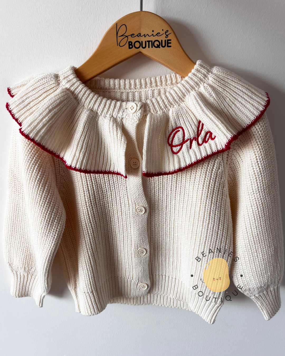 Cream Frill Collar Cardigan | Personalised