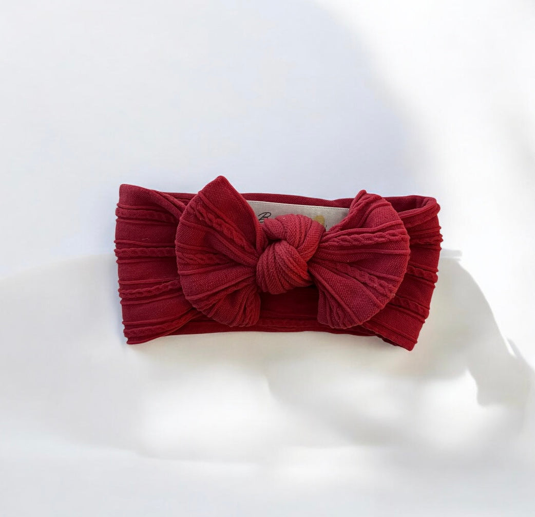 Cable Knit Bow Headband - Burgundy