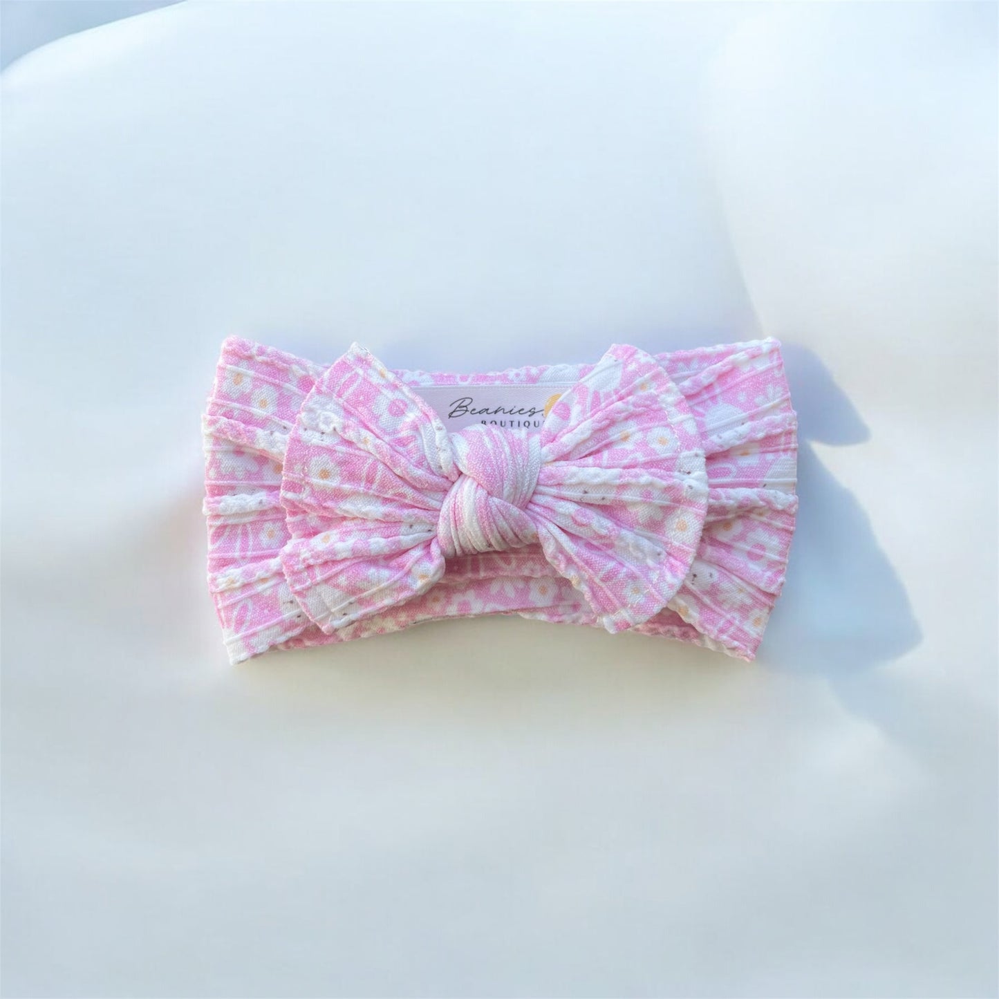 Cable Knit Bow Headband - Pink Bunny