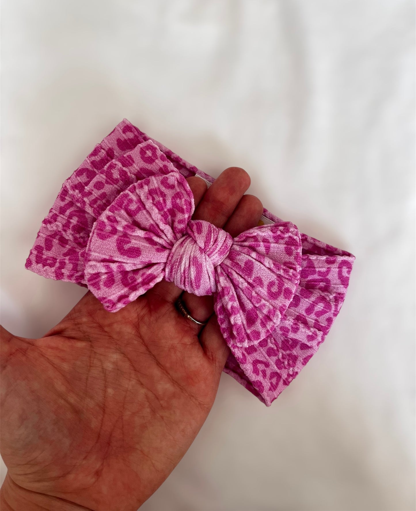 Cable Knit Bow Headband - Pink Leopard Print