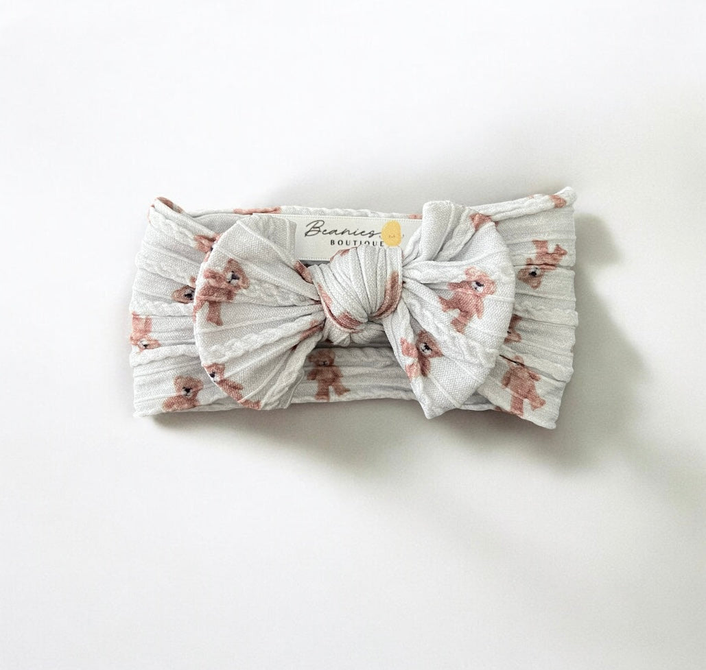 Cable Knit Bow Headband - Grey Teddy Bear
