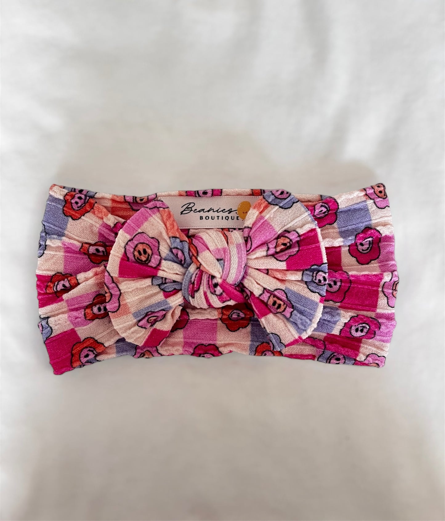 Cable Knit Bow Headband - Multicoloured Checkered Flower