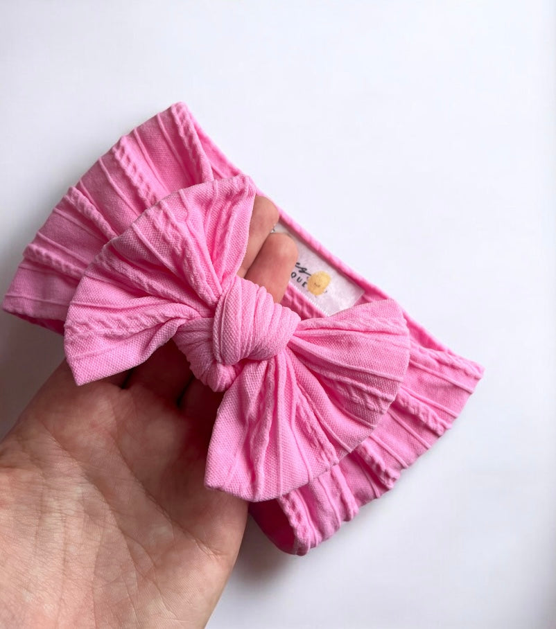 Cable Knit Bow Headband - Candy Pink