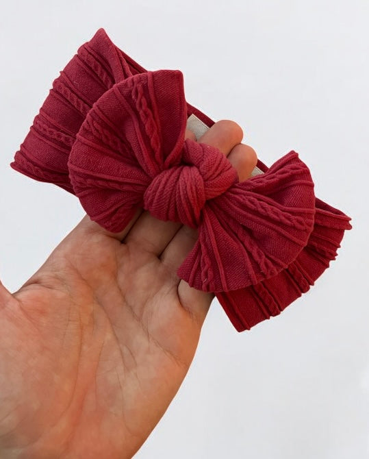 Cable Knit Bow Headband - Burgundy