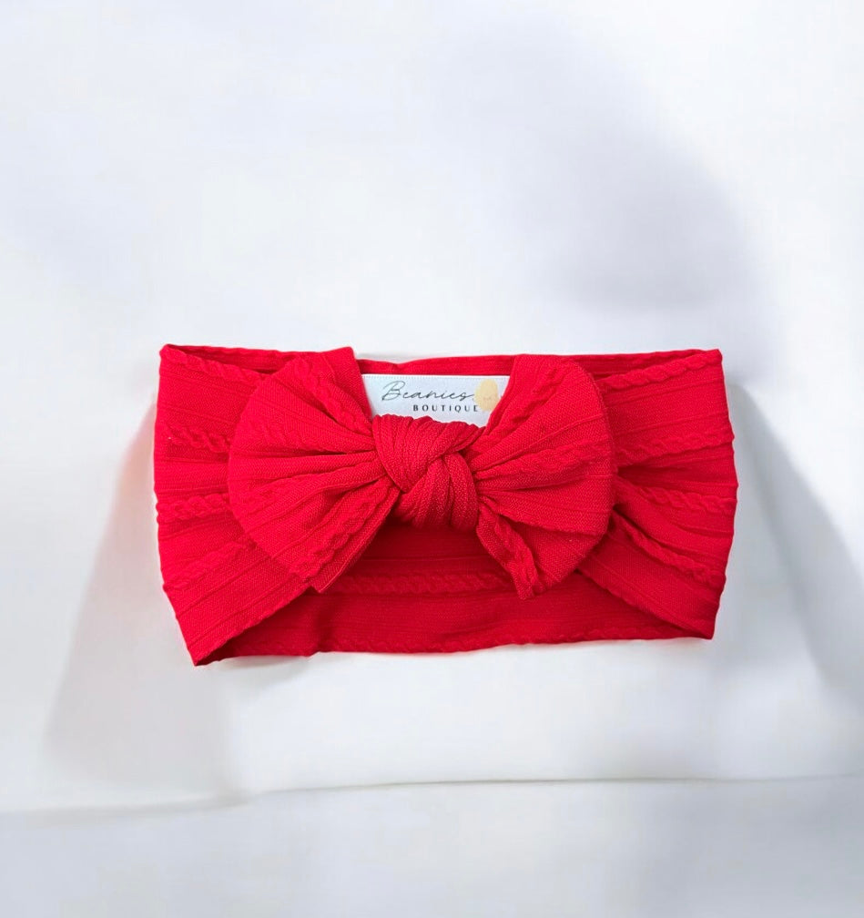 Cable Knit Bow Headband - Red