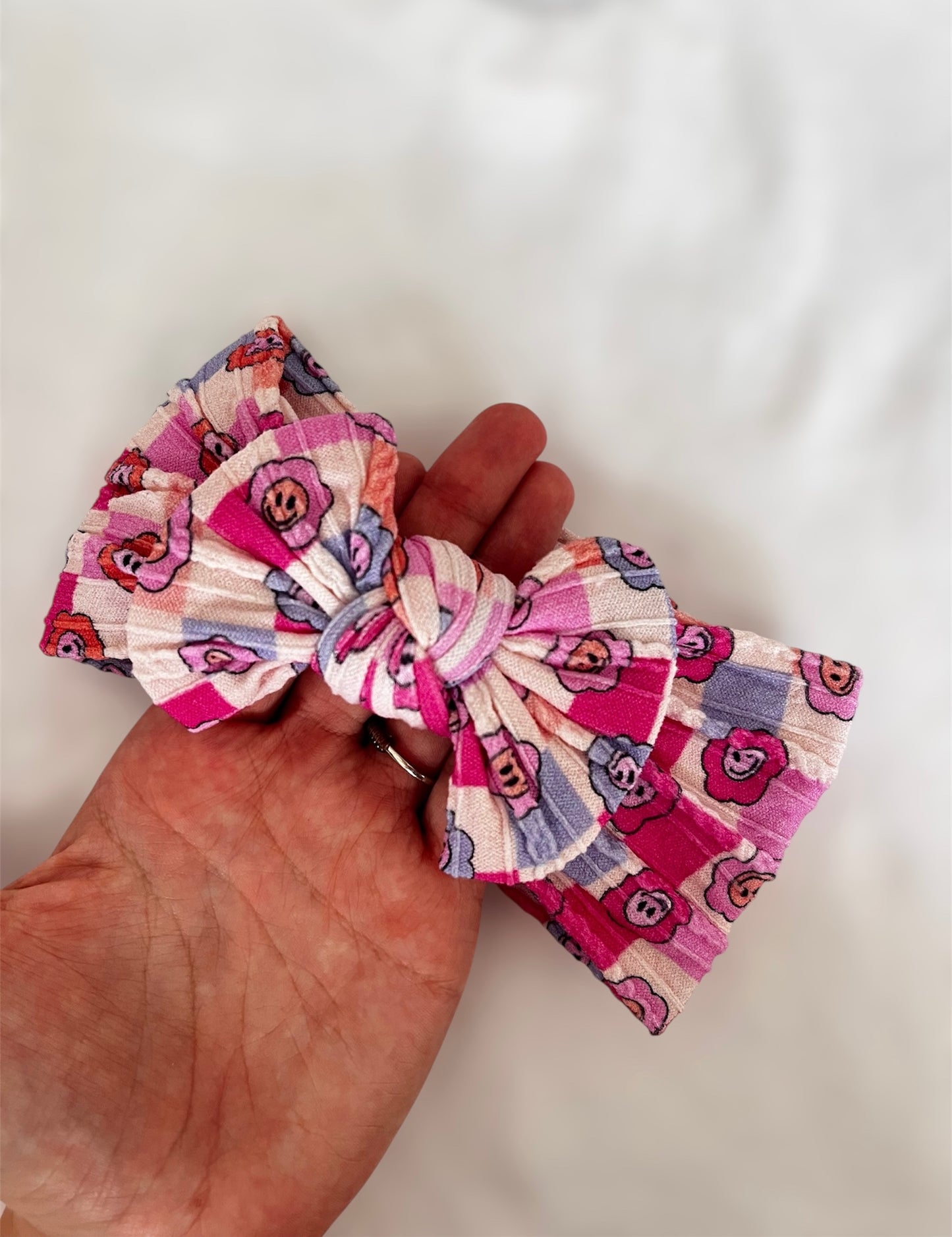 Cable Knit Bow Headband - Multicoloured Checkered Flower