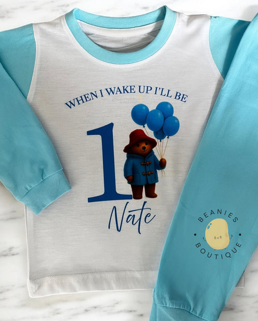 Personalised Birthday Pyjamas - Blue Paddington Bear & Balloons