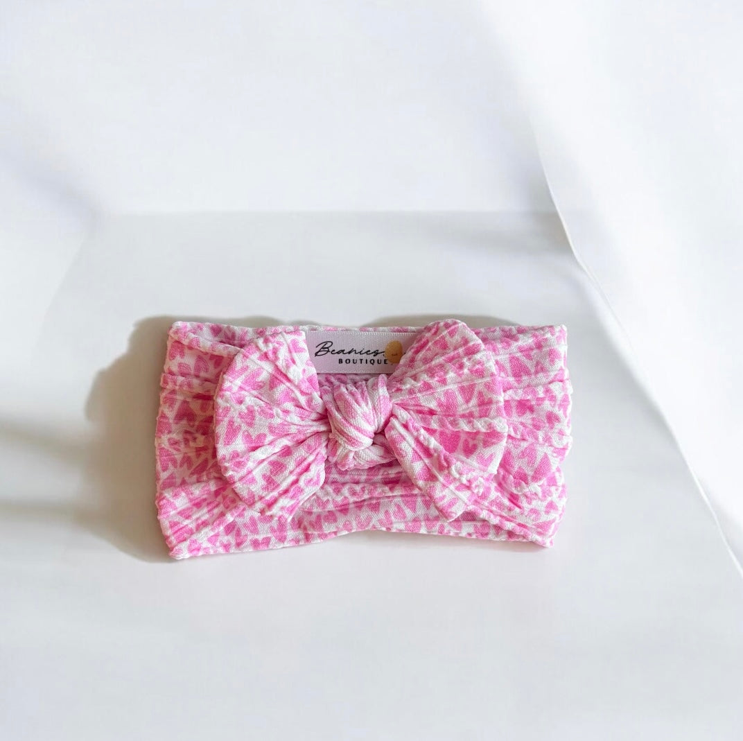 Cable Knit Bow Headband - Pink Hearts