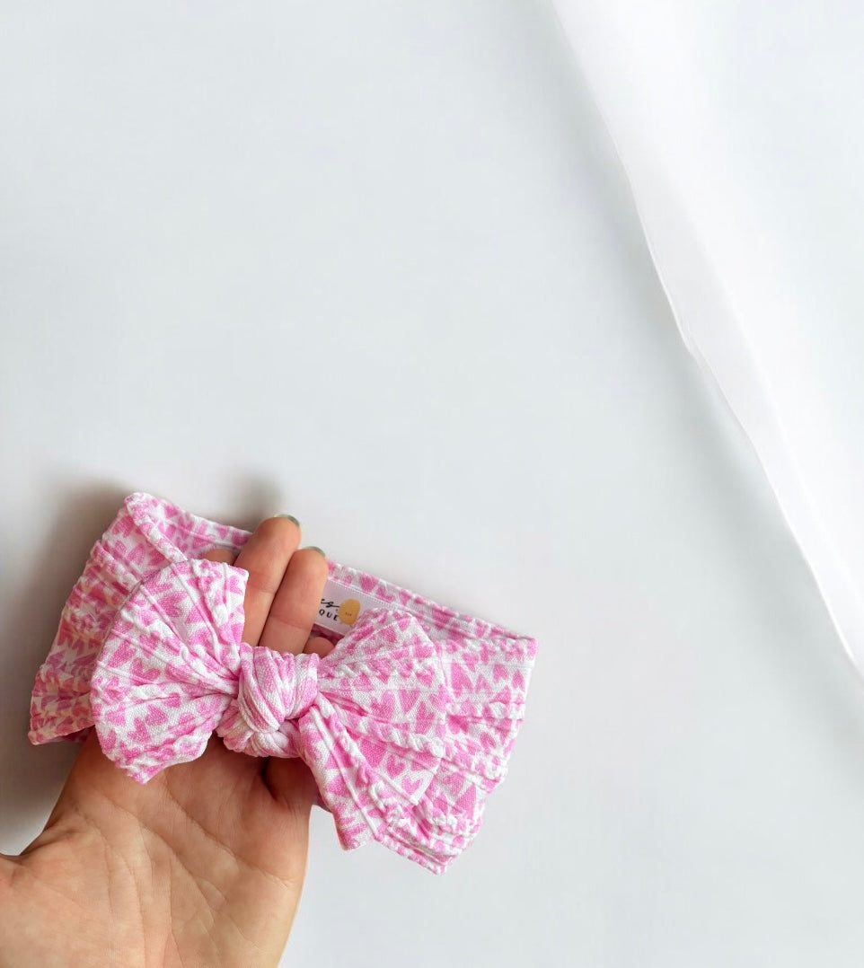 Cable Knit Bow Headband - Pink Hearts