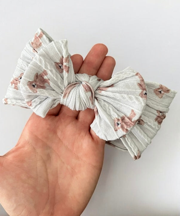 Cable Knit Bow Headband - Grey Teddy Bear