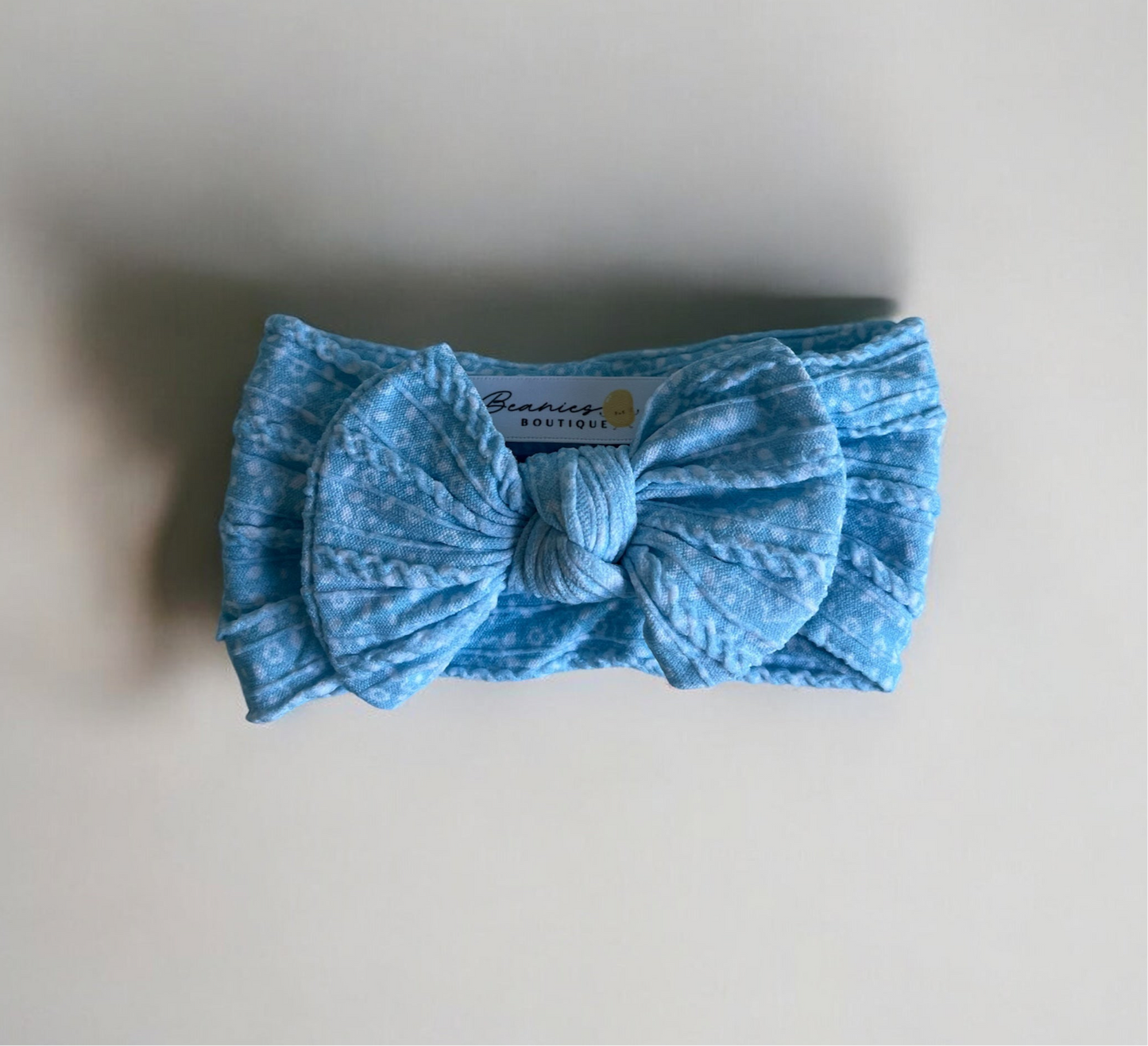 Cable Knit Bow Headband - Baby Blue Ditsy Daisy