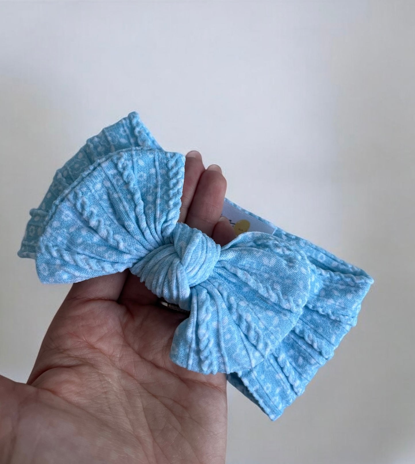 Cable Knit Bow Headband - Baby Blue Ditsy Daisy