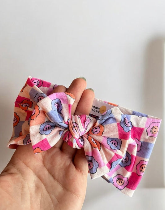 Classic Bow Headband - Multicoloured Checkered Flower