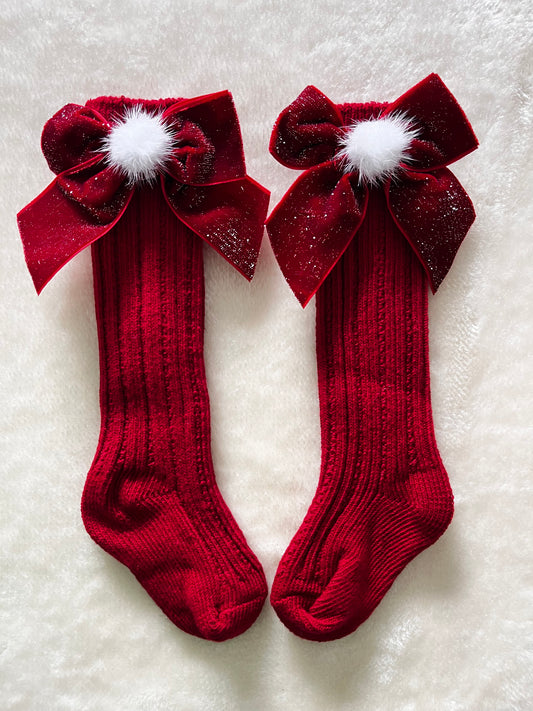 Red Pom Pom Knee High Socks