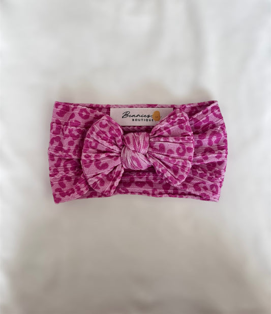 Cable Knit Bow Headband - Pink Leopard Print