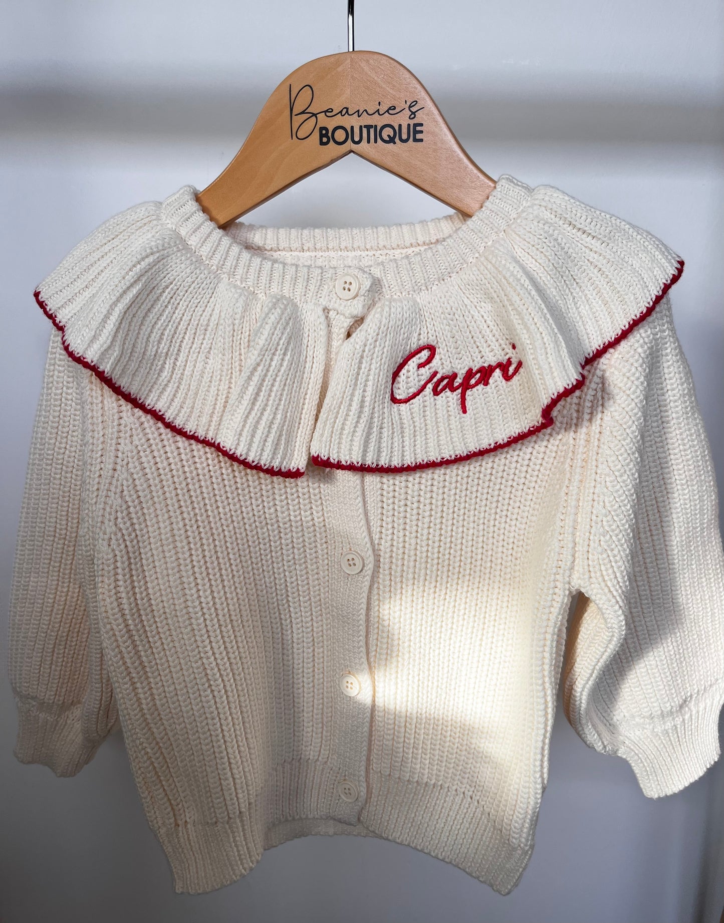 Cream Frill Collar Cardigan | Personalised