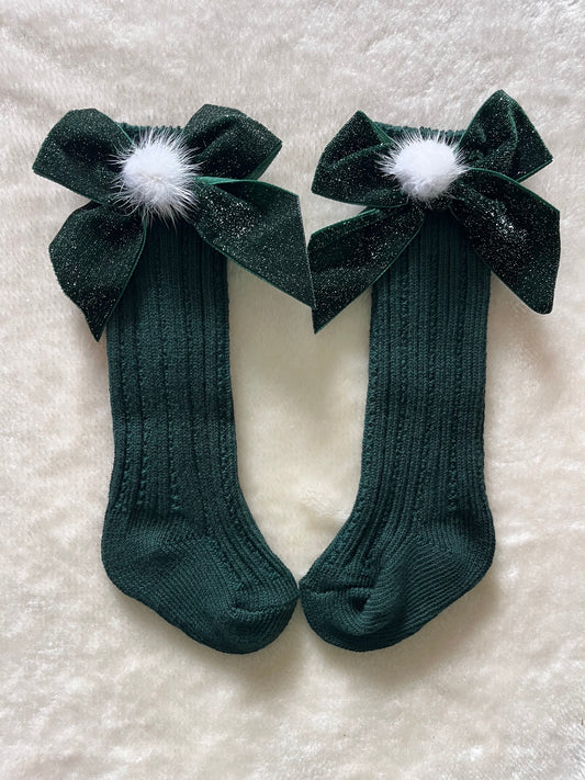 Green Pom Pom Knee High Socks